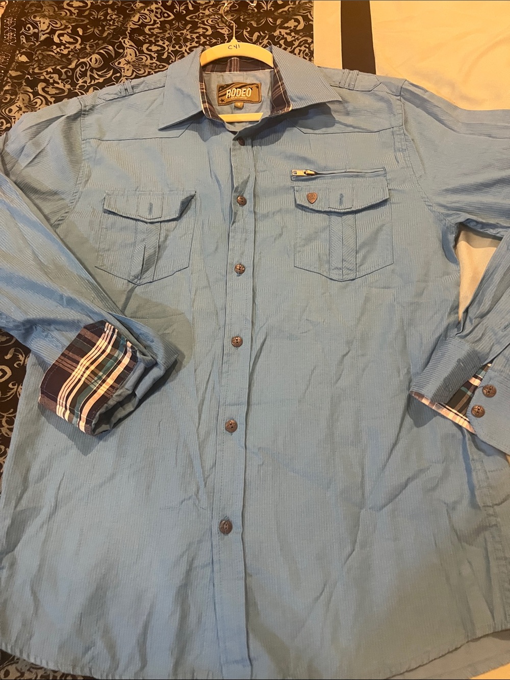 Rodeo Light Blue Button-Up Shirt with Plaid Cuff Detail - Picture 2 of 8
